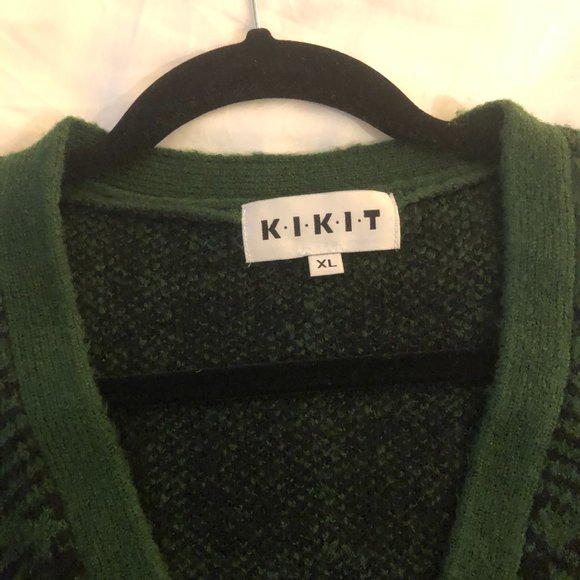 Kikit V-Neck Knit Plaid Cardigan Sweater Long Sleeve Green/Black Size Large - Picture 3 of 4